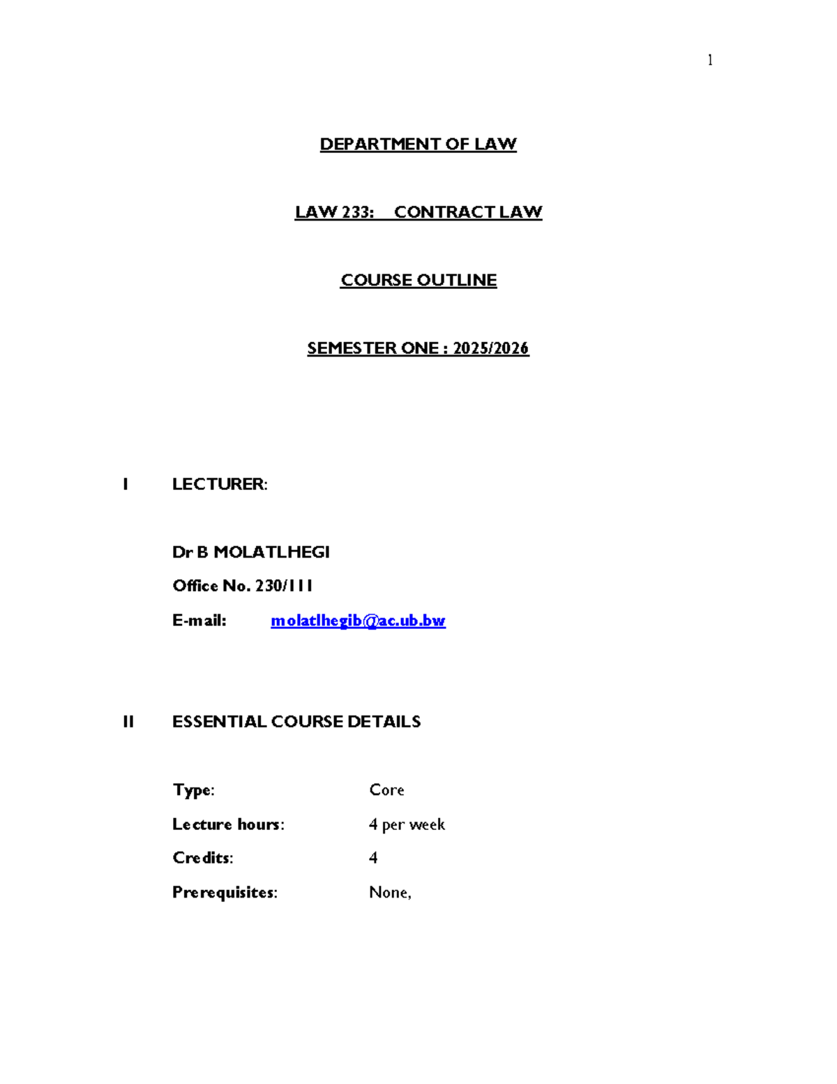 LAW 233: Contract Law Course Outline for Semester One 2025-6 - Studocu