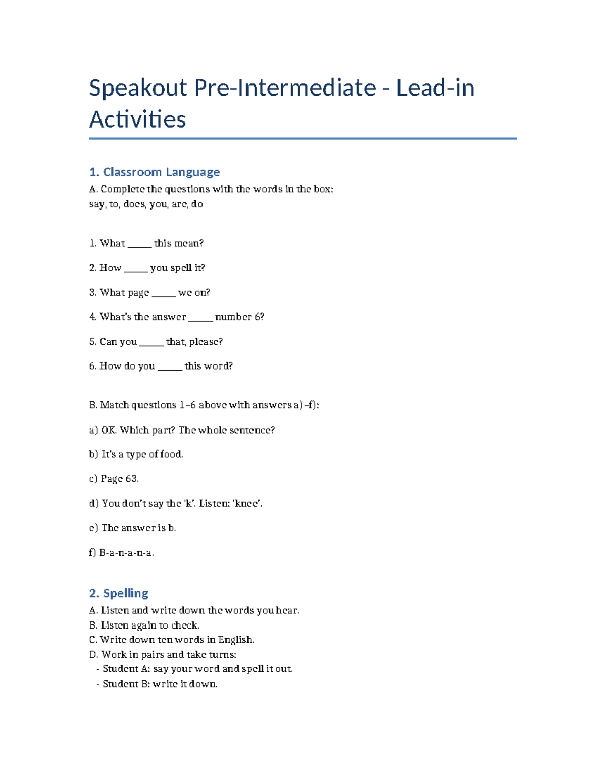 Speakout Activities 1: Classroom Language Exercises - Studocu