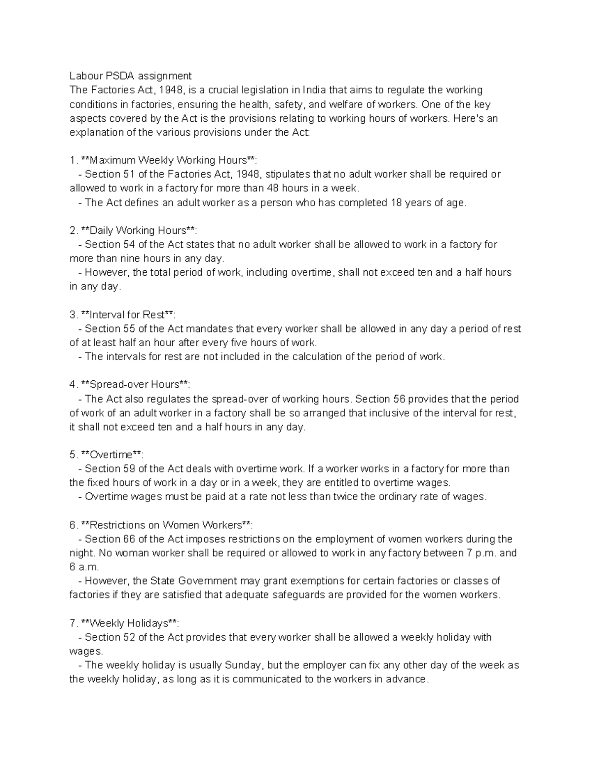 Labour Law PSDA - Key Provisions of The Factories Act, 1948 Notes - Studocu