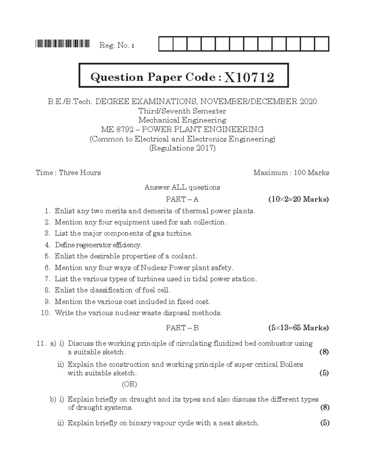 ME 8792 Power Plant Engineering - Exam Paper 2020 - Studocu