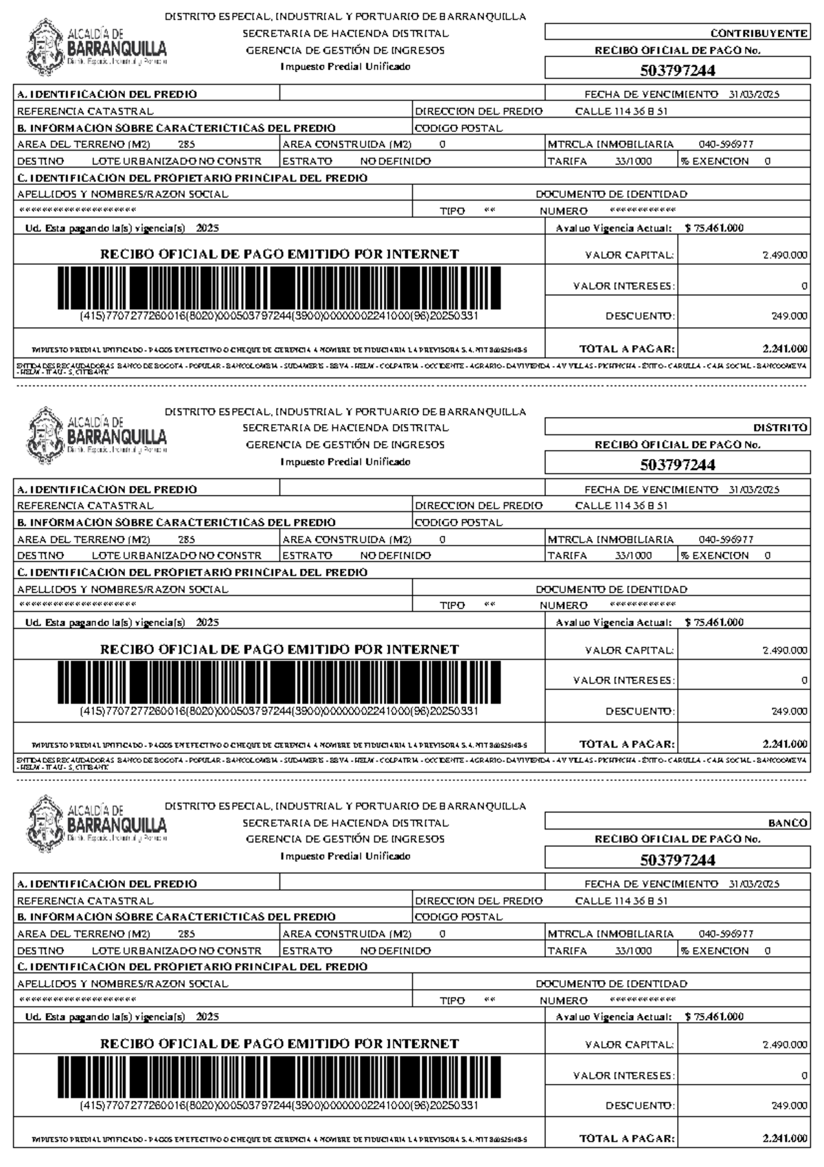 Recibo Oficial de Pago - Impuesto Predial Unificado 2025 - Studocu