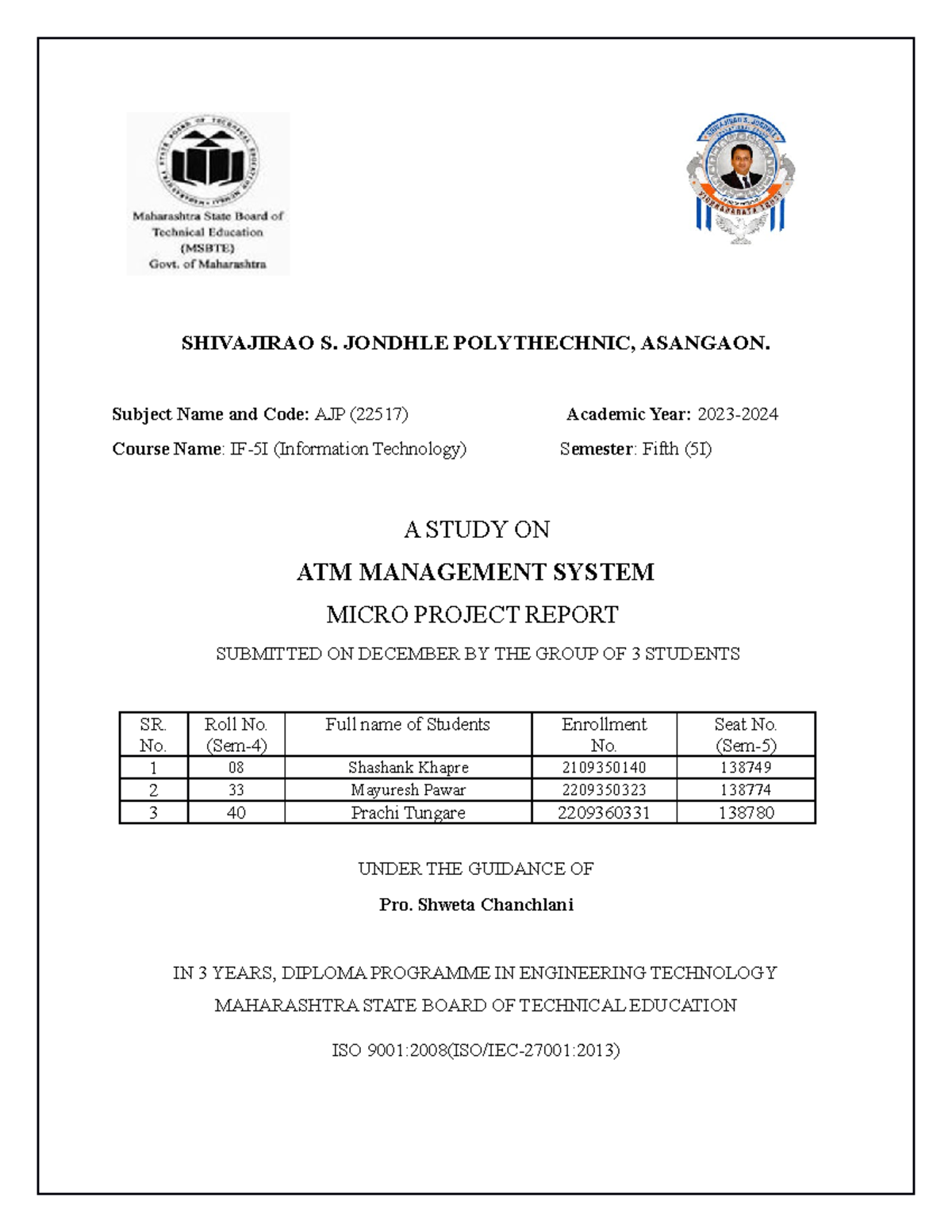 AJP (22517) Micro Project Report on ATM Management System - Studocu