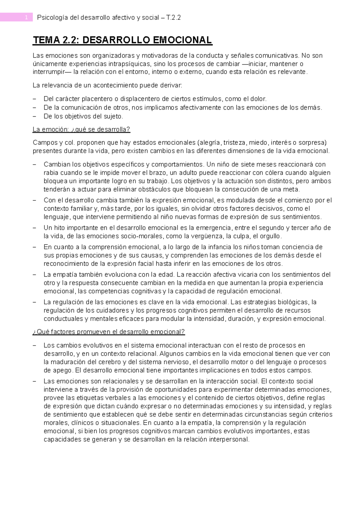 Psicología del Desarrollo Afectivo y Social T.2.2: Desarrollo Emocional ...