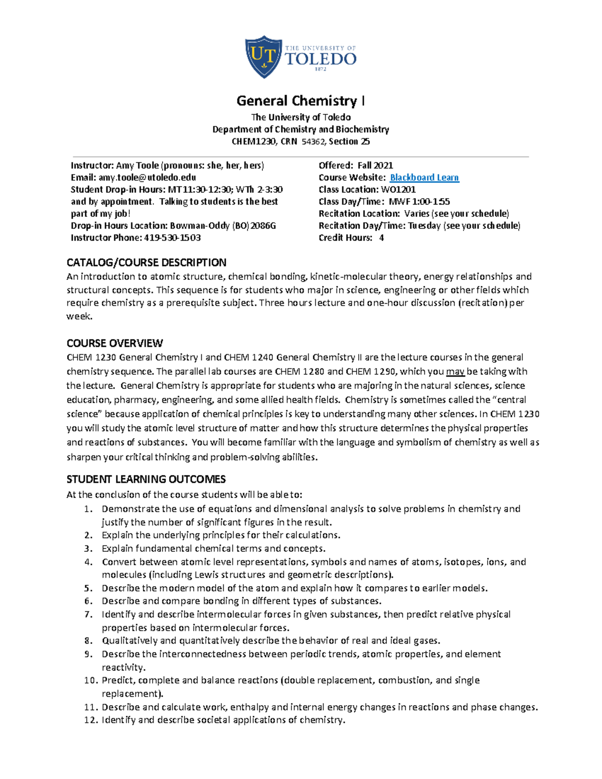 CHEM 1230-25 Fall 2021 General Chemistry I Syllabus Overview - Studocu