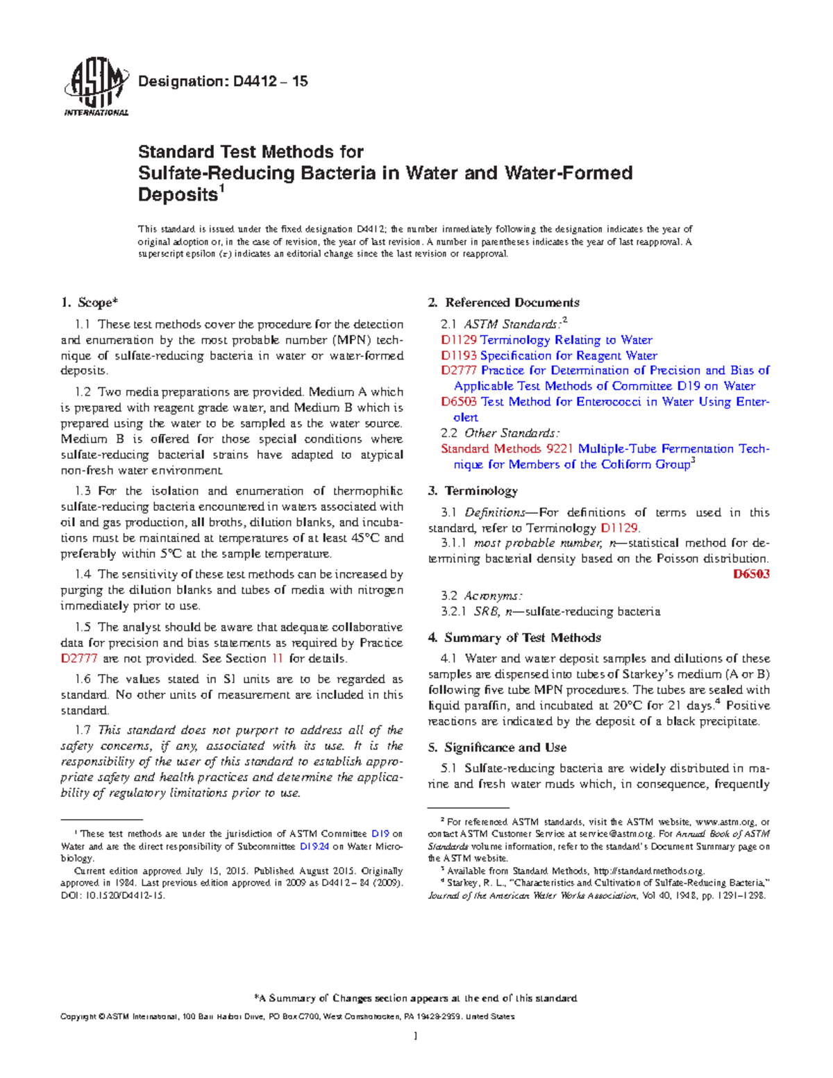 D4412-15 - Standard Test Methods for Sulfate-Reducing Bacteria in Water ...