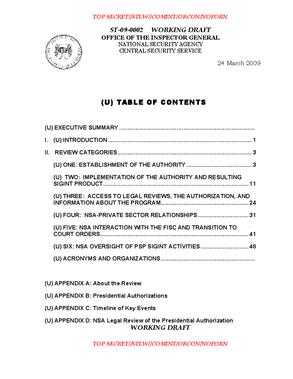 Nsa ig draft report - NSA - ST-09-0002 WORKING DRAFT WORKING DRAFT TOP ...