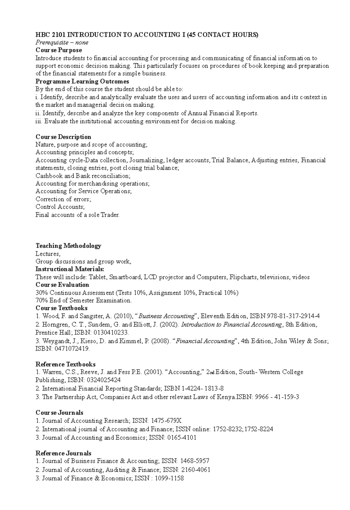 HBC 2101 Course Outline: Introduction to Accounting I Essentials - Studocu