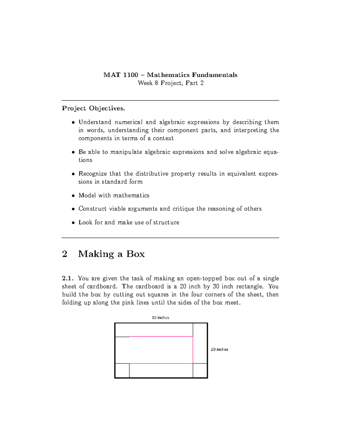 MAT 1100 Week 8b Project - Pre-Calculus Q&A on Box Construction - Studocu
