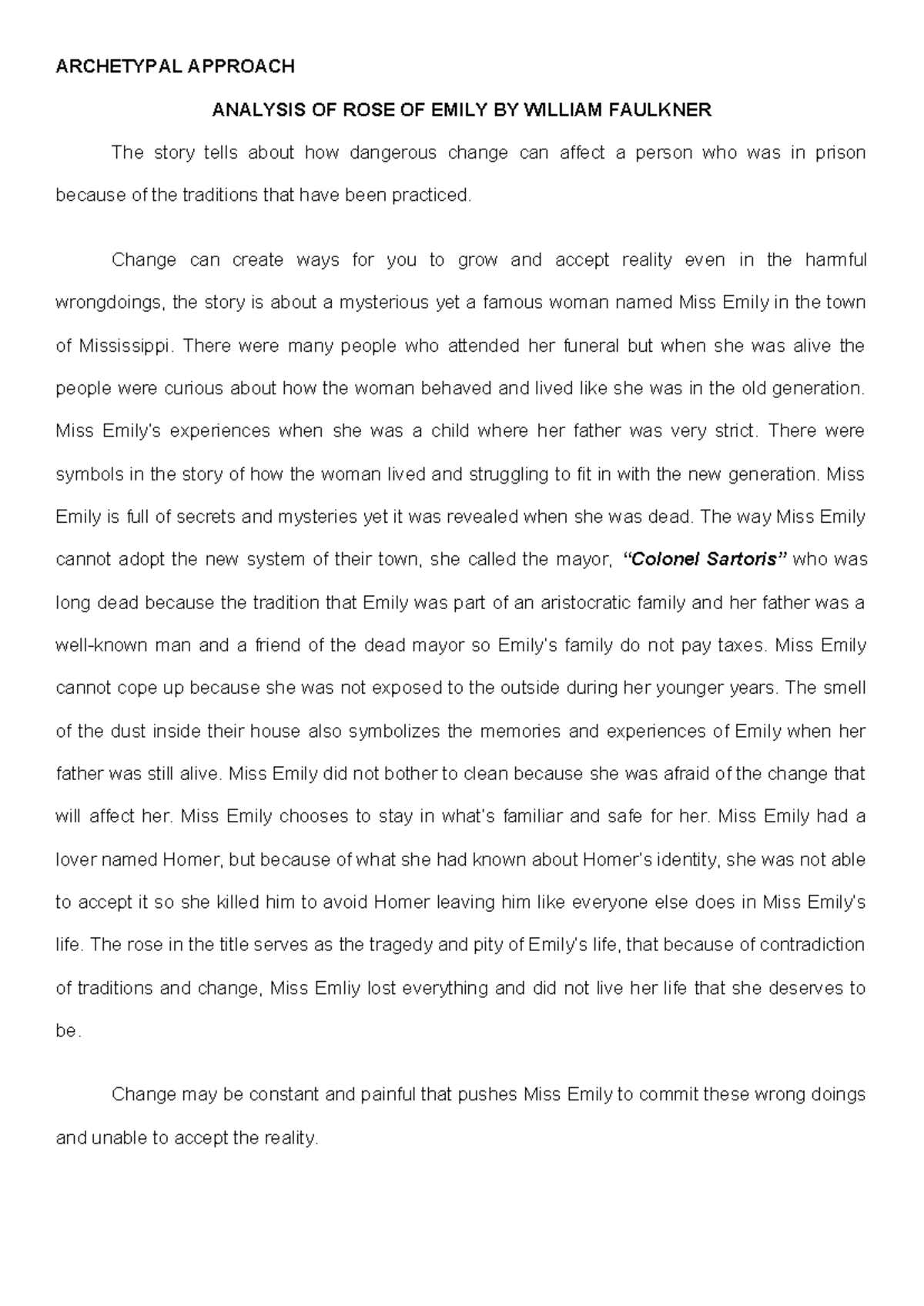 Archetypal Analysis of "A Rose for Emily" by Faulkner - Studocu
