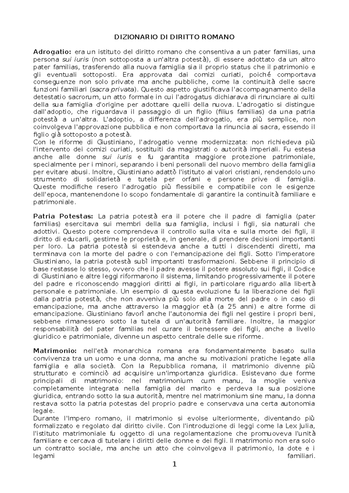 Vocabolario di Diritto Romano: Adrogatio, Patria Potestas e Matrimonio ...