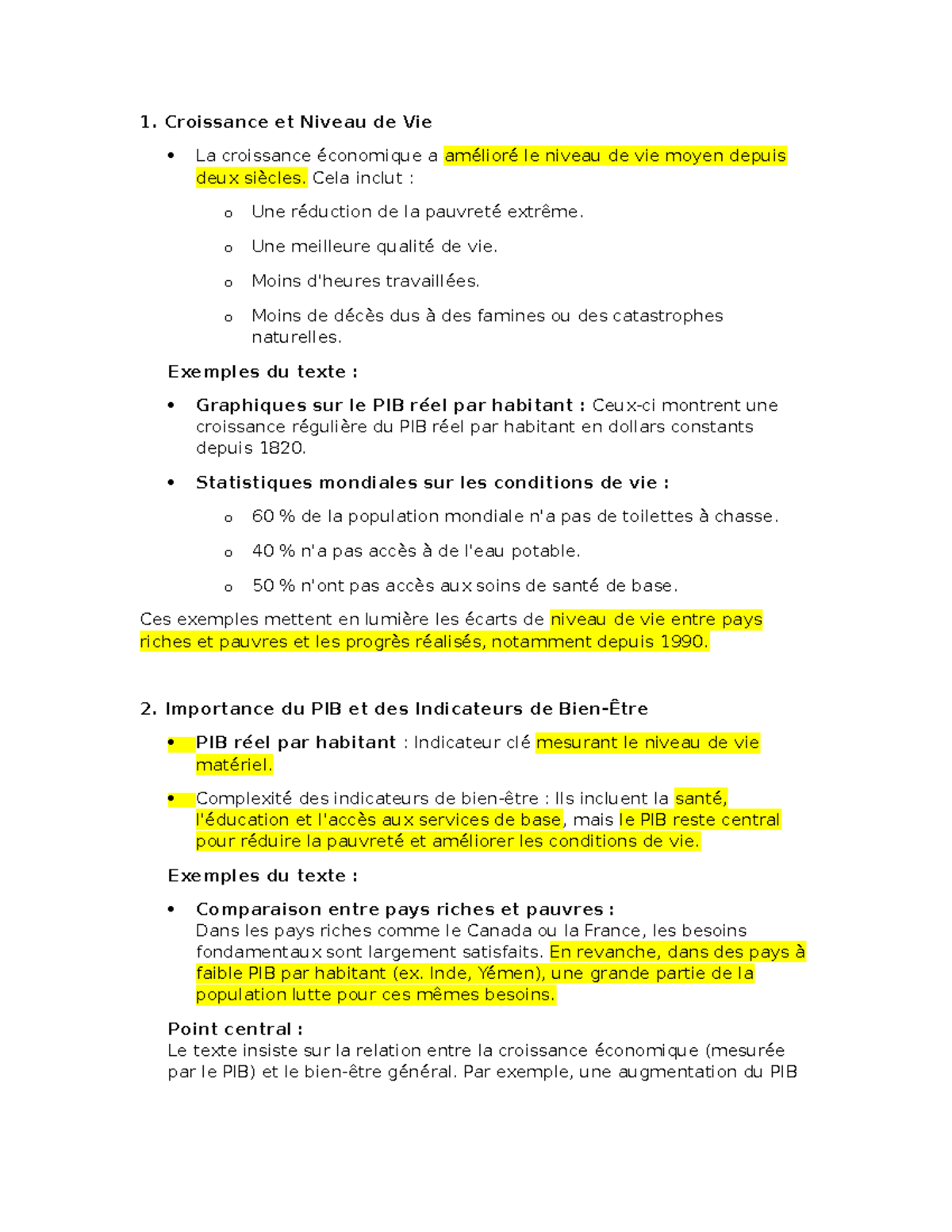 Résumé lecture cours 2 - 1. Croissance et Niveau de Vie La croissance ...