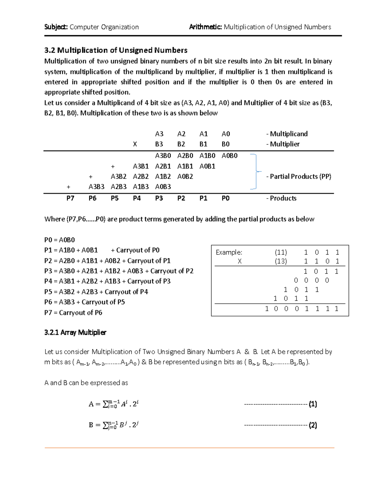 Multiplication of Unsigned Binary Numbers - Chapter 3.2 Notes - Studocu