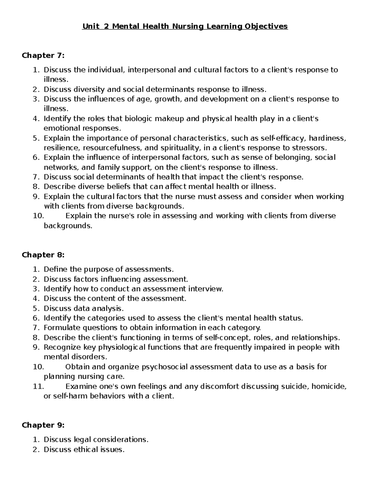 Unit 2 Mental Health Nursing Learning Objectives: Chapters 7-11 ...