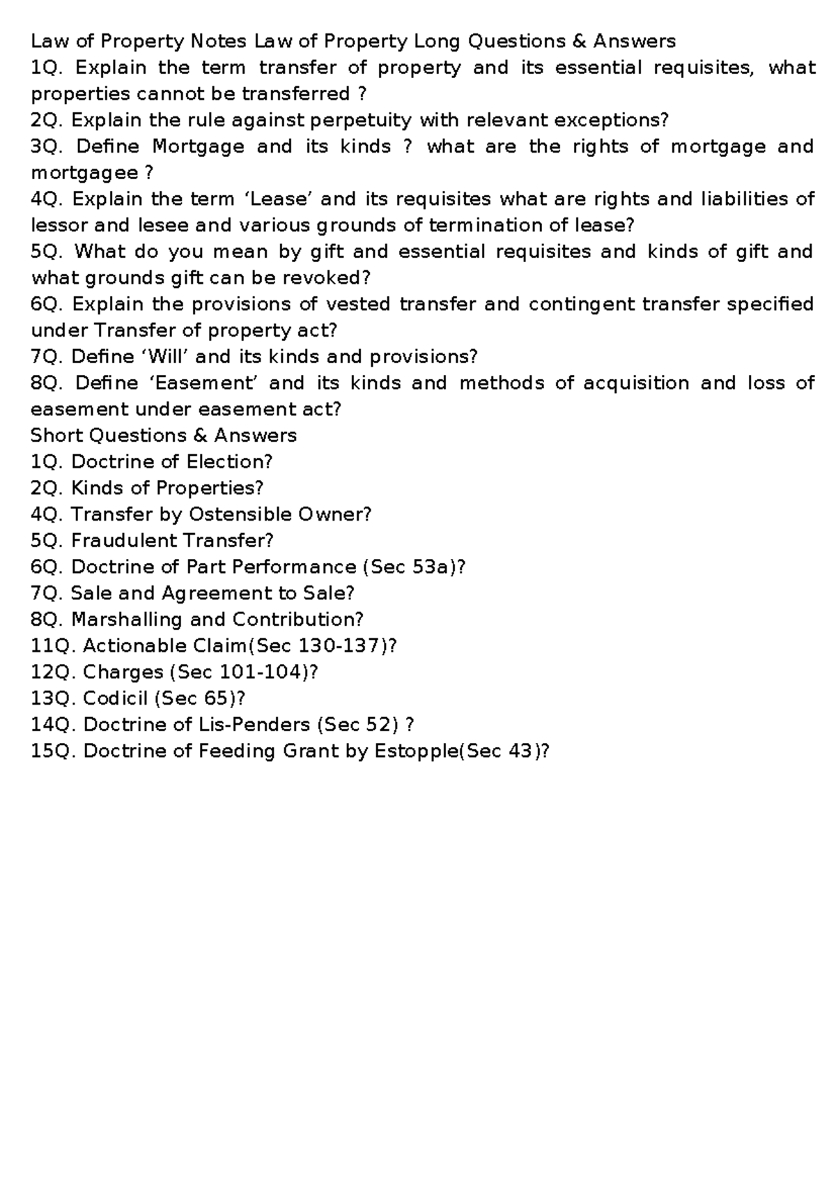 Law of Property Notes: Long Questions & Answers (LP101) - Studocu