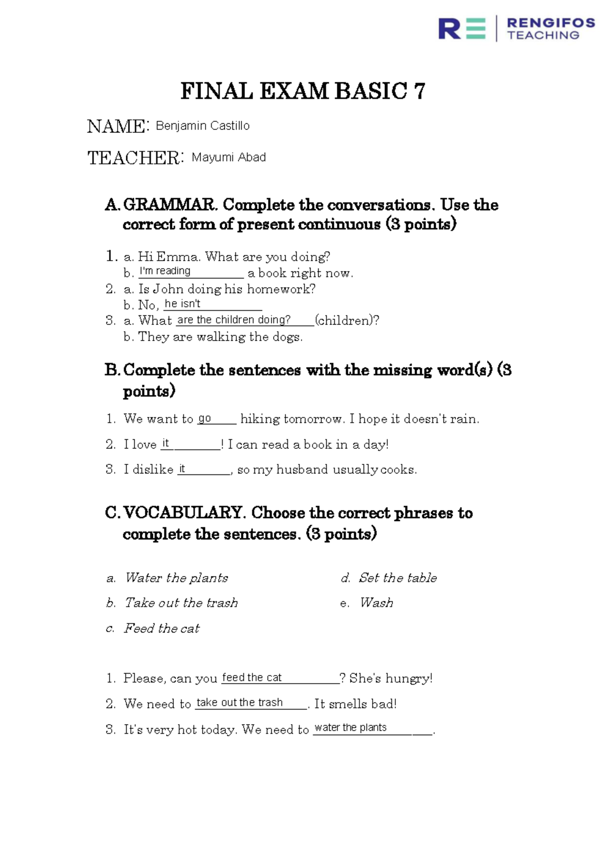 Final Exam Basic 7: Grammar and Vocabulary Practice - Studocu