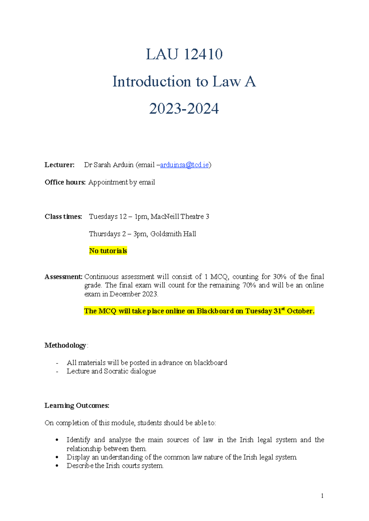 LAU 12410 Intro to Law A - Module Overview & Assessment Details - Studocu