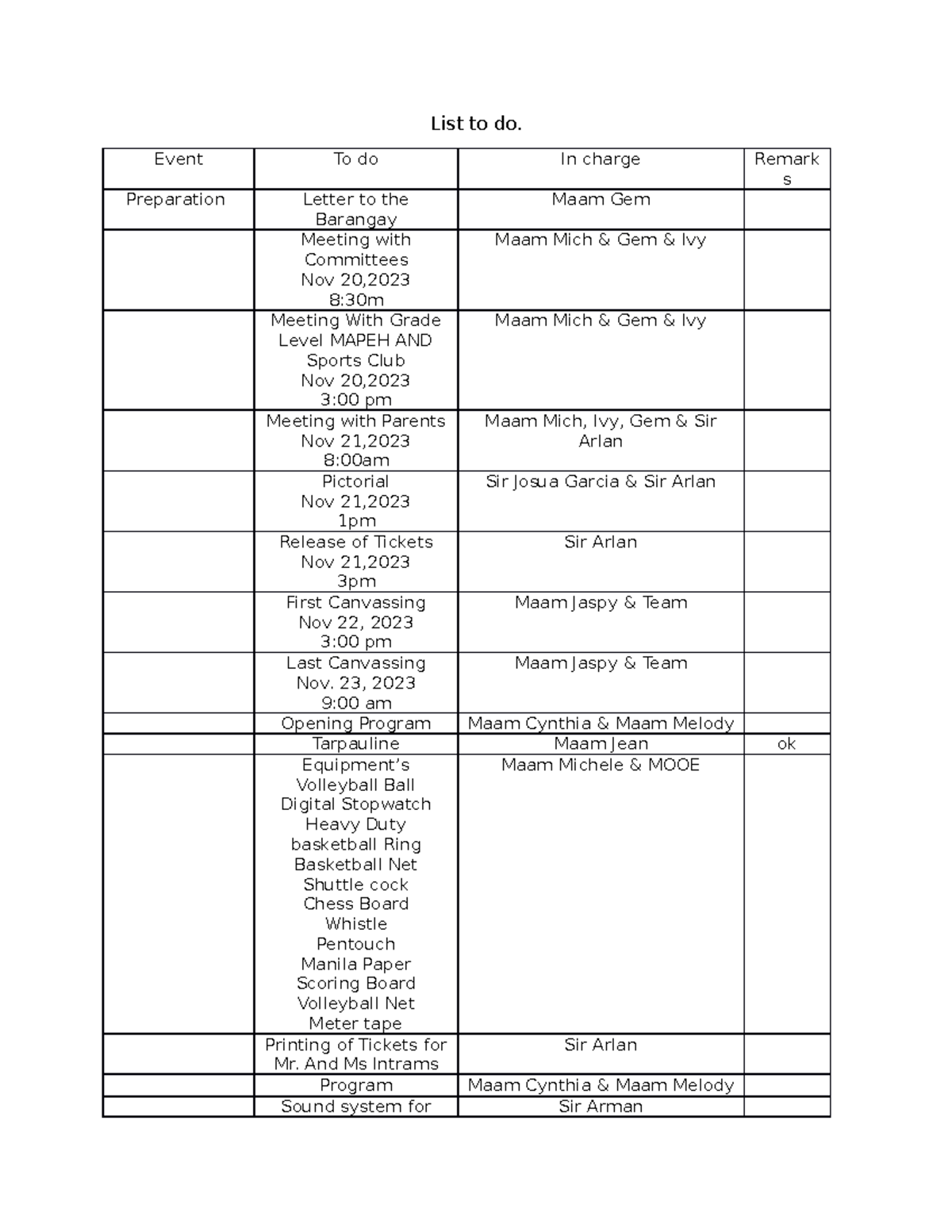 Sports Fest Preparation Checklist and Task Assignments - Studocu