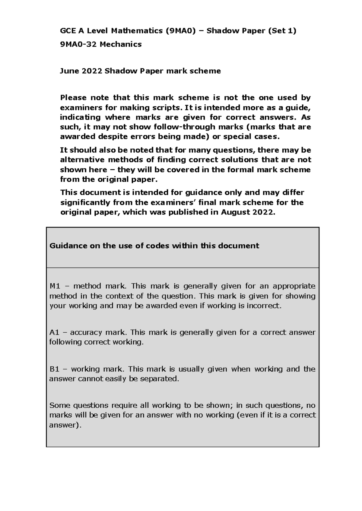 June 2022 GCE A Level 9MA0-32 Mechanics Shadow Paper 3 Mark Scheme ...