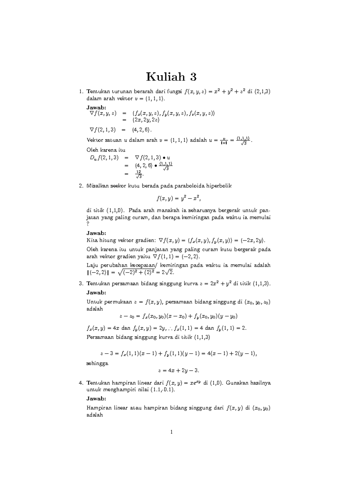 Kalkulus III - Kuliah 3: Turunan, Gradien, dan Hampiran Linear - Studocu