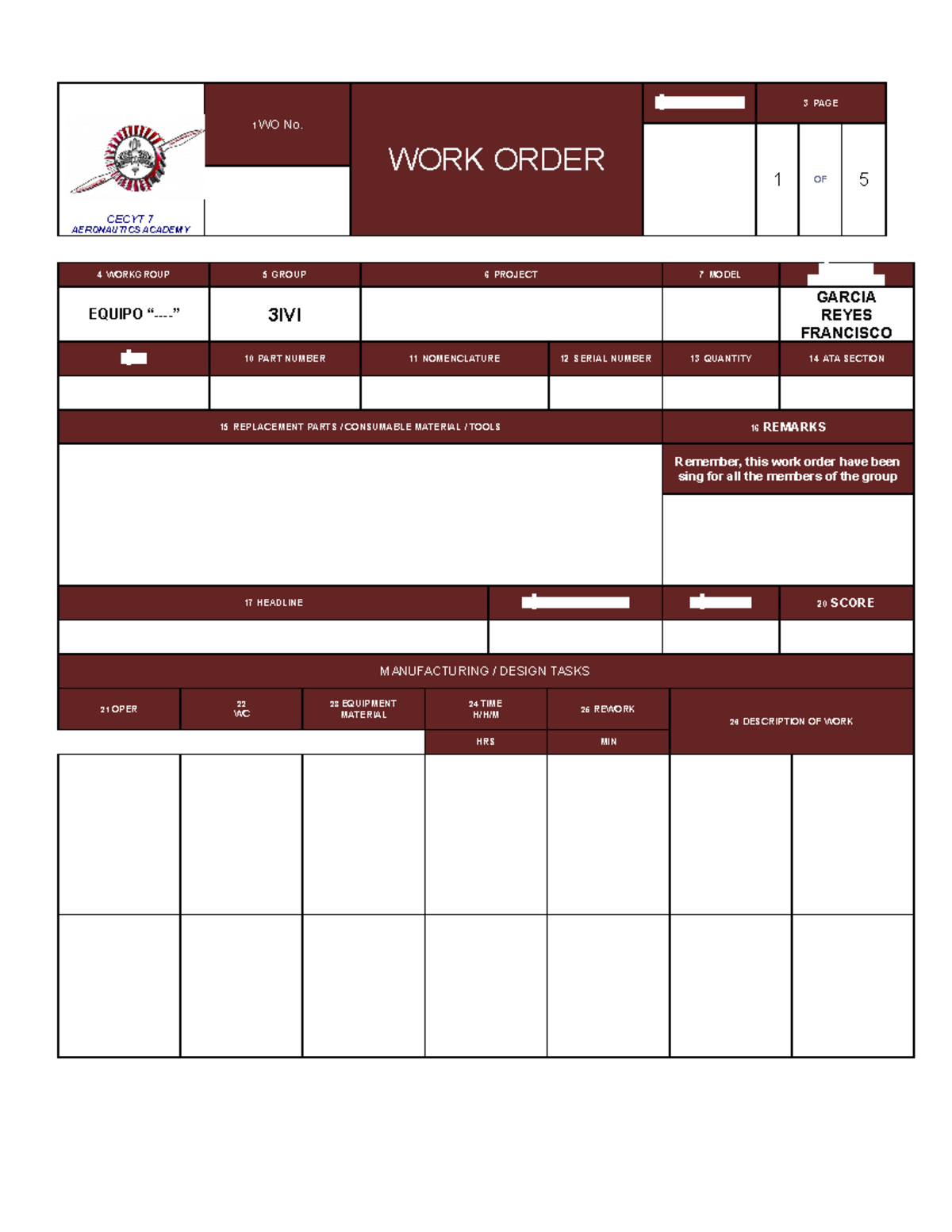 CECYT 7 Aeronautics Academy Work Order Example (WO No.) - Studocu