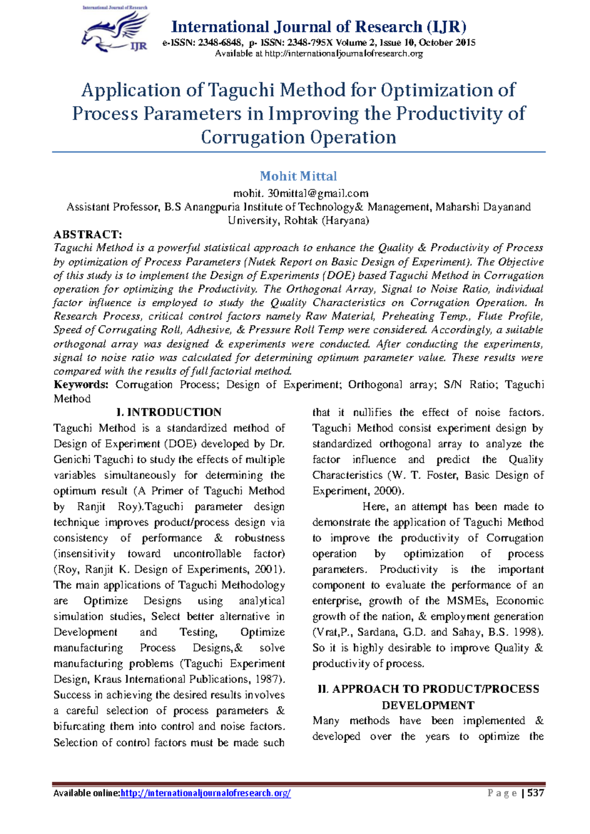 Application of Taguchi Method for Process Optimization in Corrugation ...