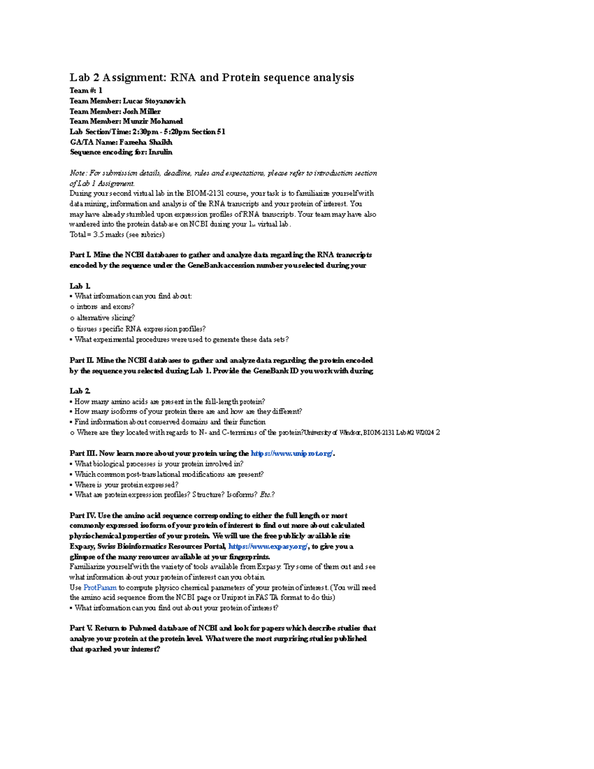 Lab 2 - Molecular Biology - Lab 2 Assignment: RNA and Protein sequence ...