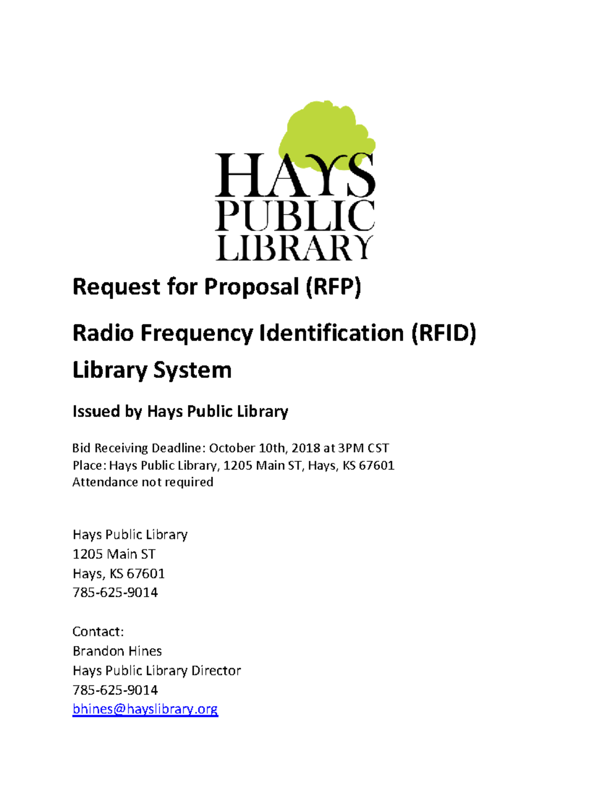 RFID Library System RFP - Hays Public Library (HPL) Final Submission ...