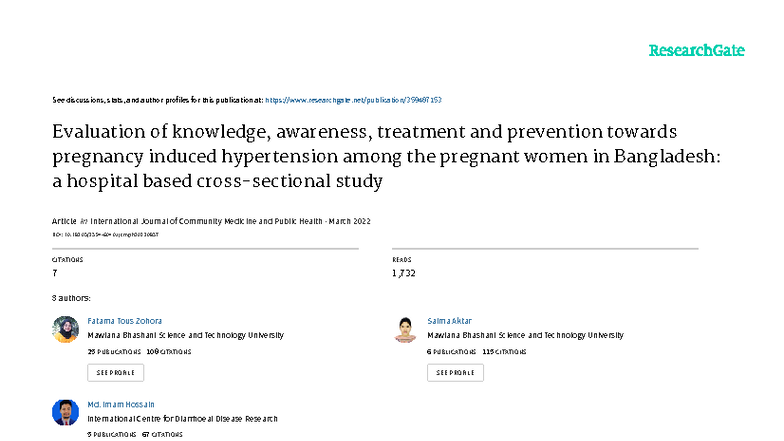 Evaluation of Knowledge and Awareness on Pregnancy Induced Hypertension ...