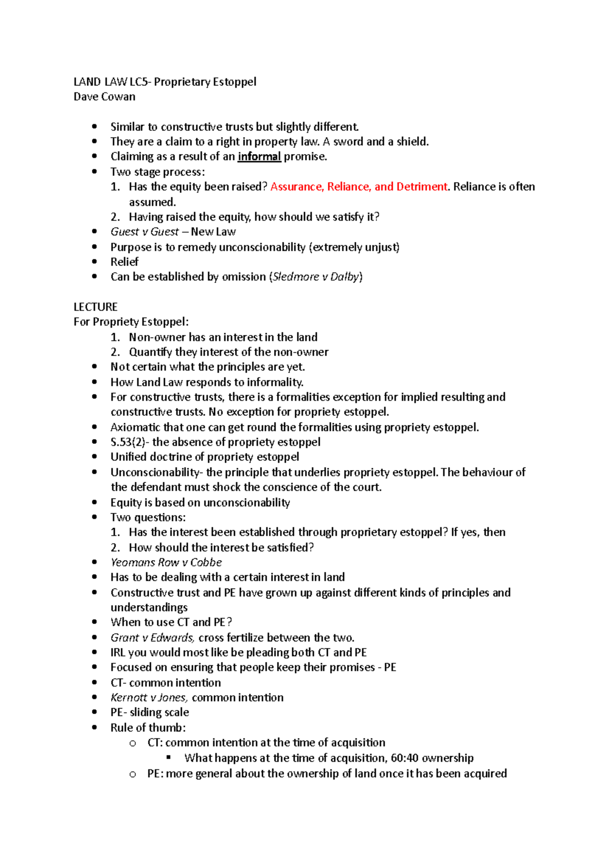 LAND LAW LC5 - Comprehensive Overview of Proprietary Estoppel - Studocu