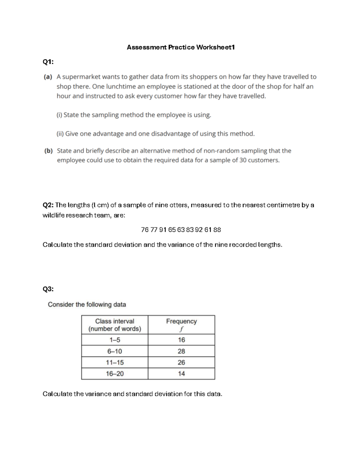 Assessment Practice Worksheet 1 - Q3: Calculate the variance and ...