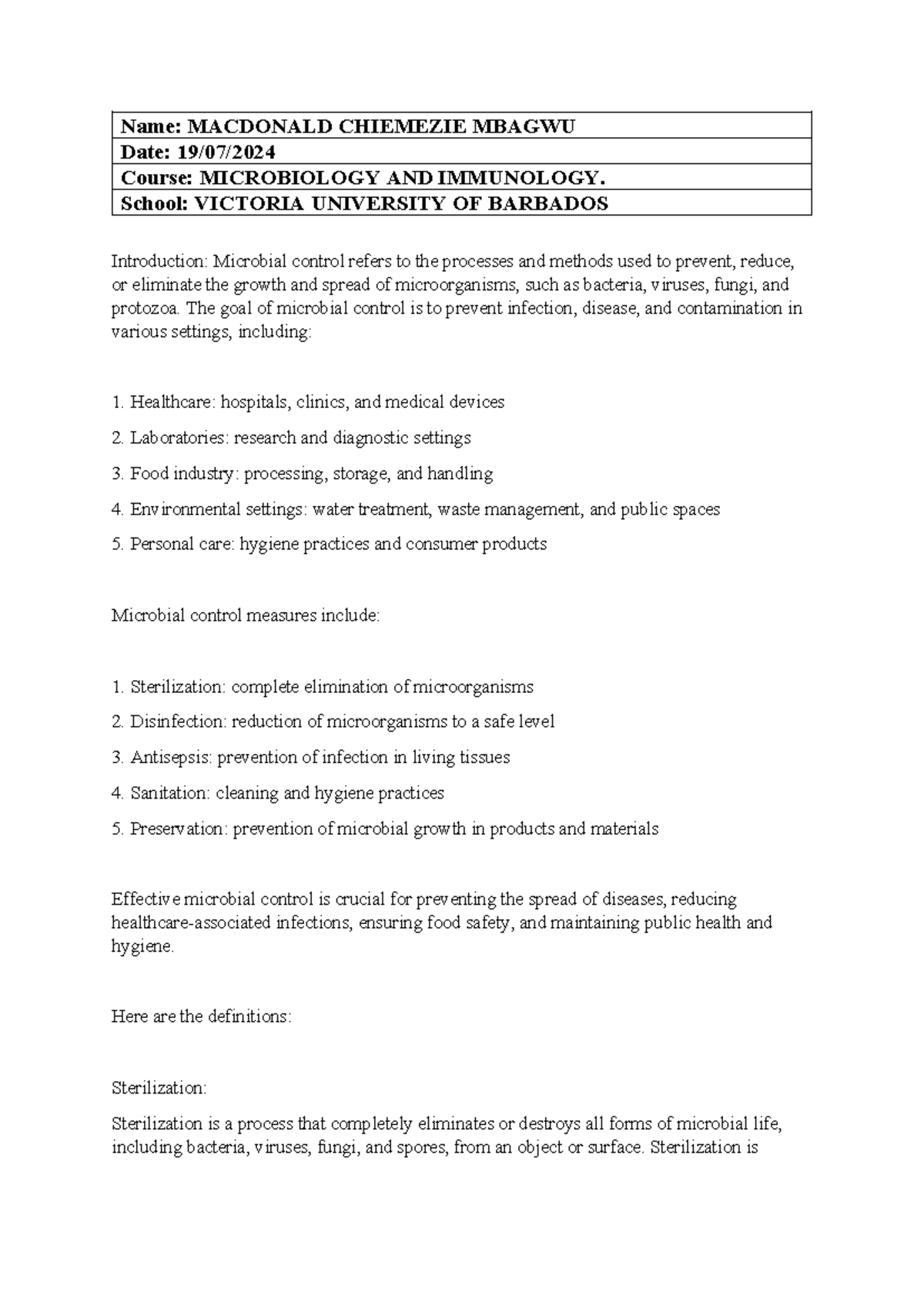 Microbiology Assignment - Name: MACDONALD CHIEMEZIE MBAGWU Date: 19/07 ...