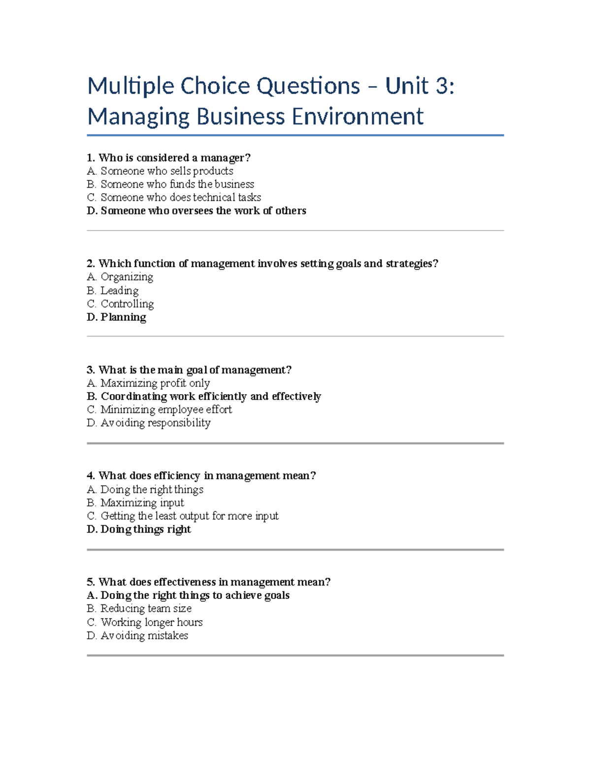 Multiple Choice Questions Unit 3: Managing Business Environment - Studocu