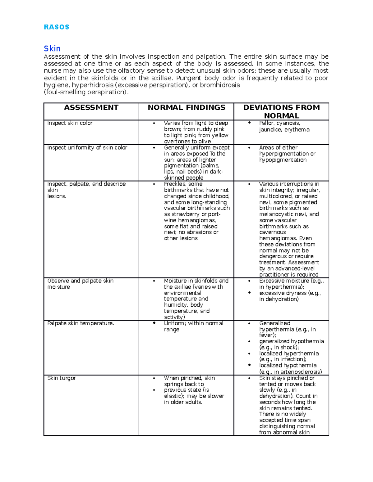 H.A Ambag - notes - Skin Assessment of the skin involves inspection and ...