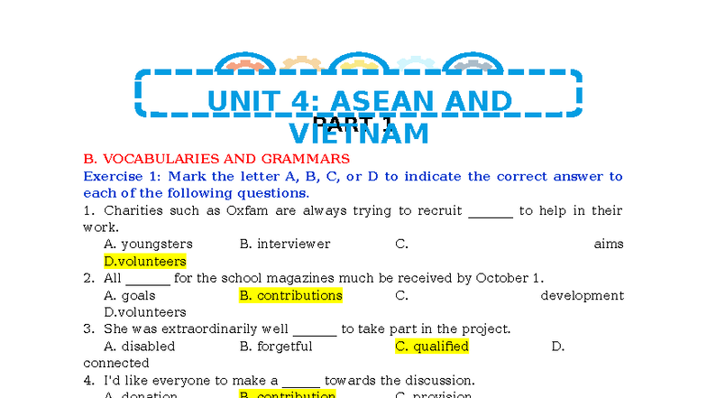Unit 4: ASEAN & Vietnam - Vocabulary & Grammar Exercises P1 GC - Studocu