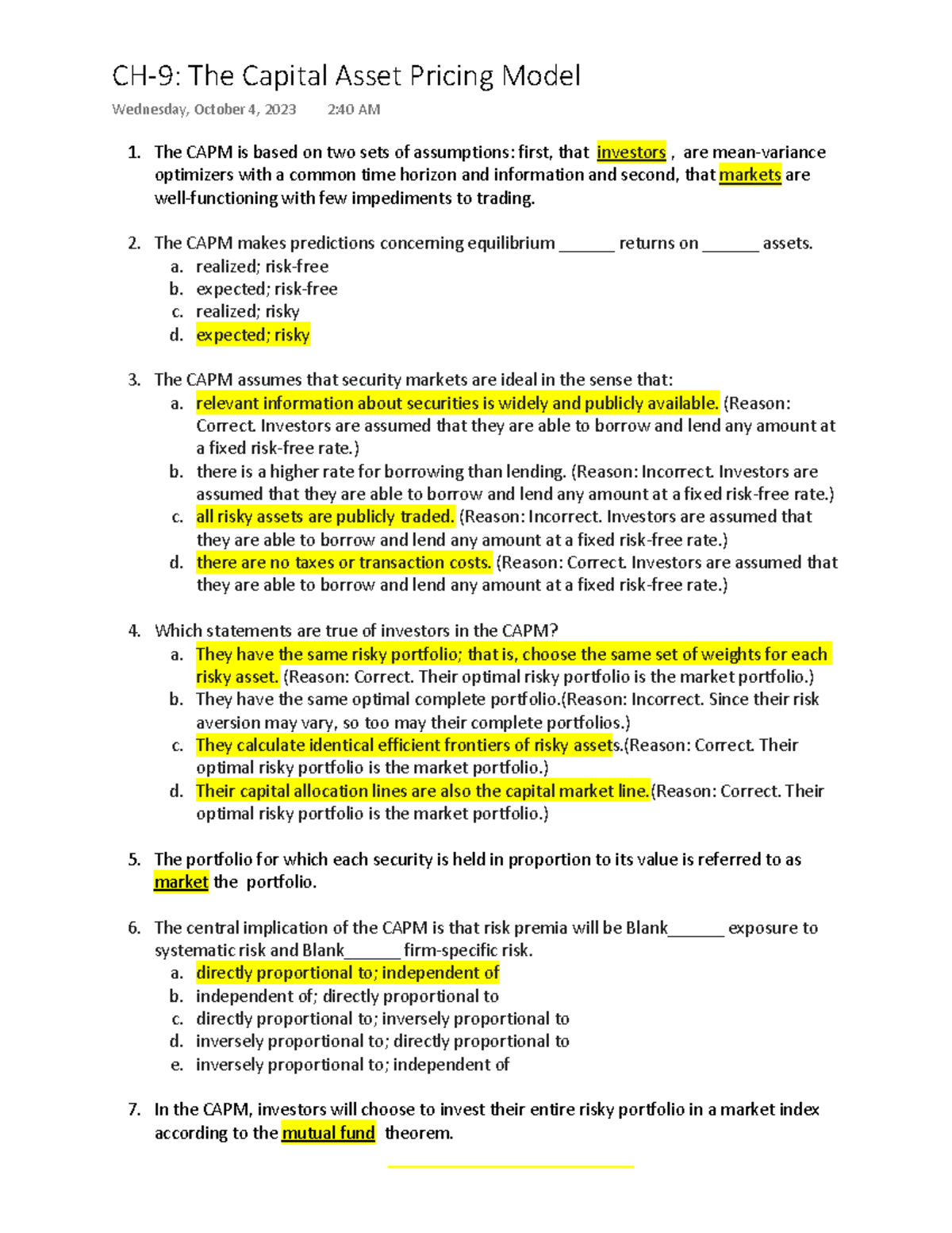 CH-9: Understanding the Capital Asset Pricing Model (CAPM) - Studocu