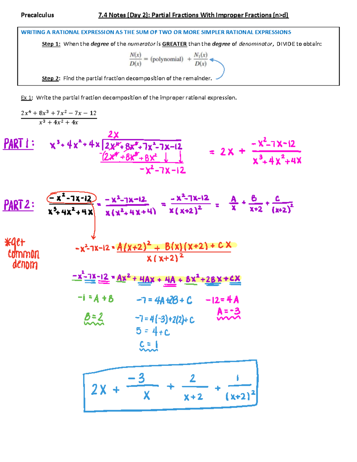 Precalculus 7.4 Notes: Partial Fractions & Improper Fractions - Studocu
