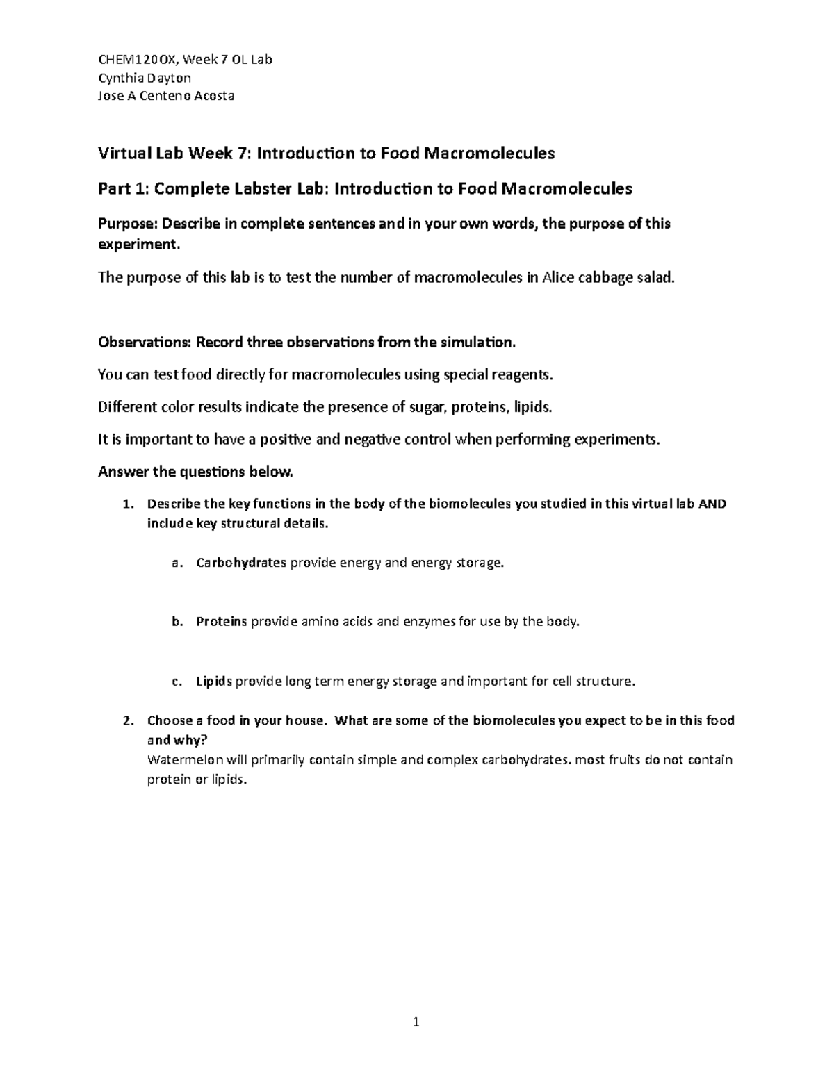 CHEM120OX Week 7 Lab Report: Food Macromolecules & Protein Synthesis ...