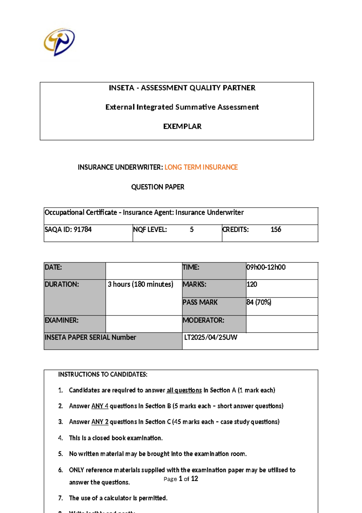 EISA Long Term Insurance Underwriter Exam Paper - April 2024 Exemplar ...