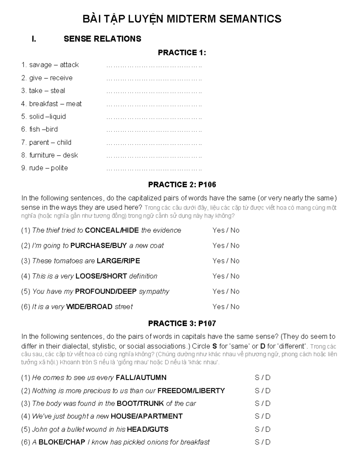 BÀI TẬP LUYỆN MIDTERM SEMANTICS: SENSE RELATIONS & SENTENCE ANALYSIS ...