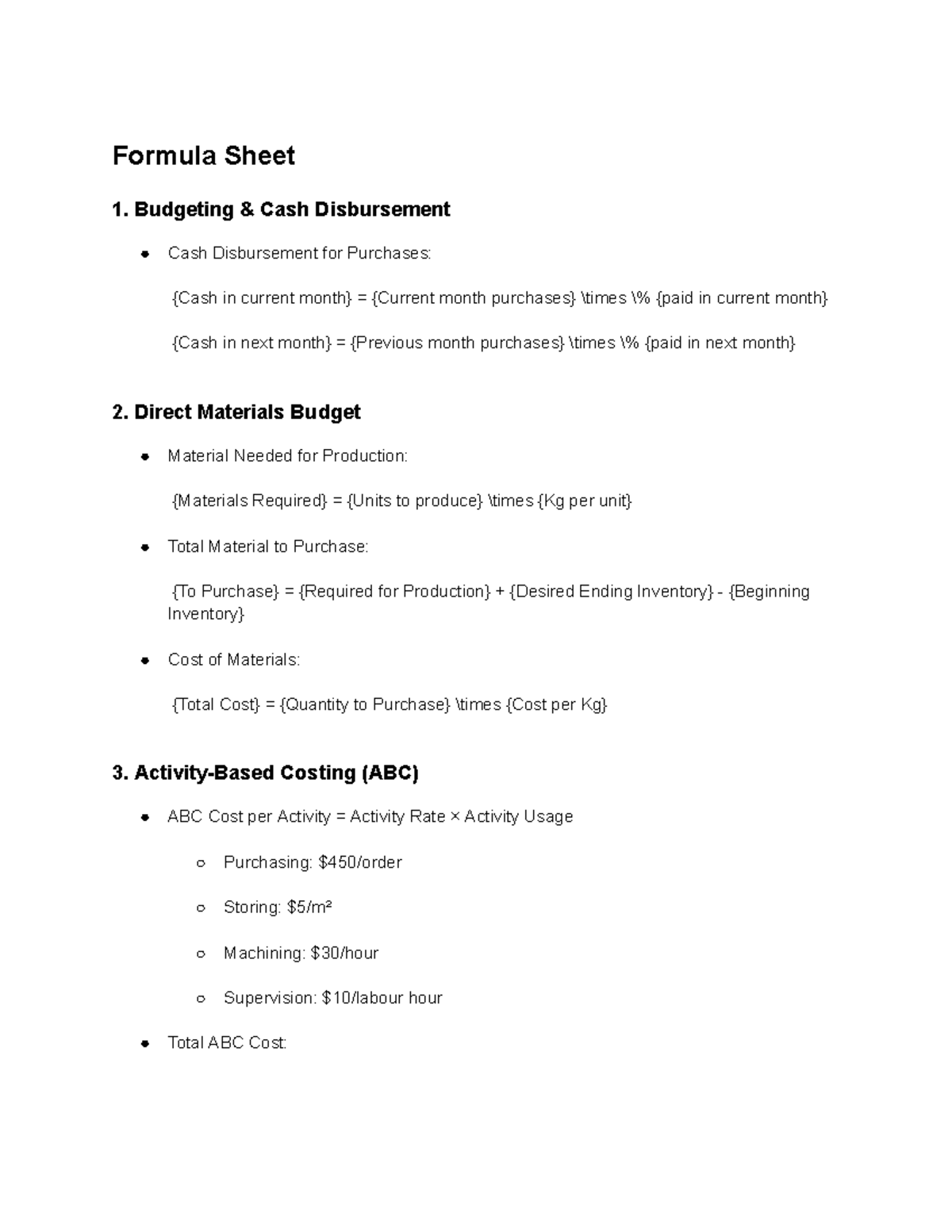Budgeting & Costing Formulas Sheet for ACC Study - Studocu