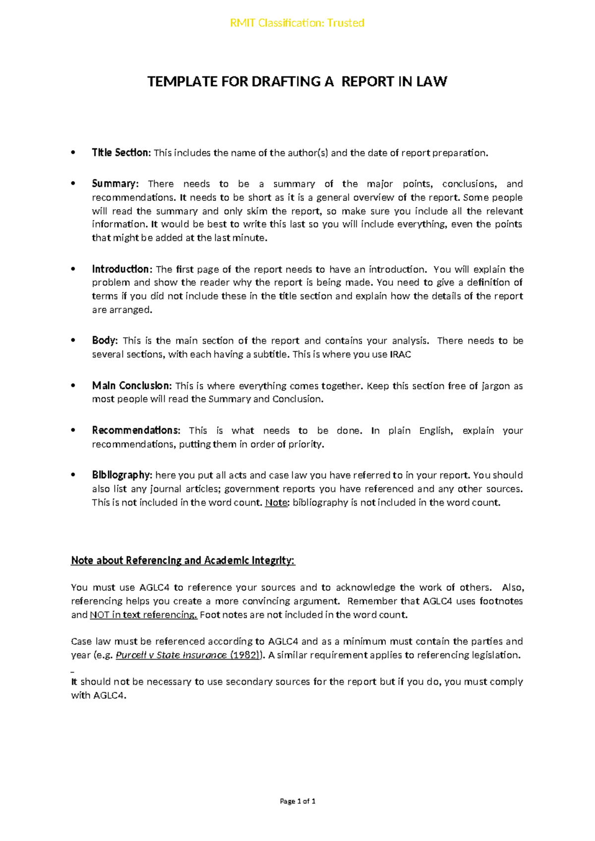 Drafting a Legal Report Template (BL) with AGLC4 Reference Guide - Studocu