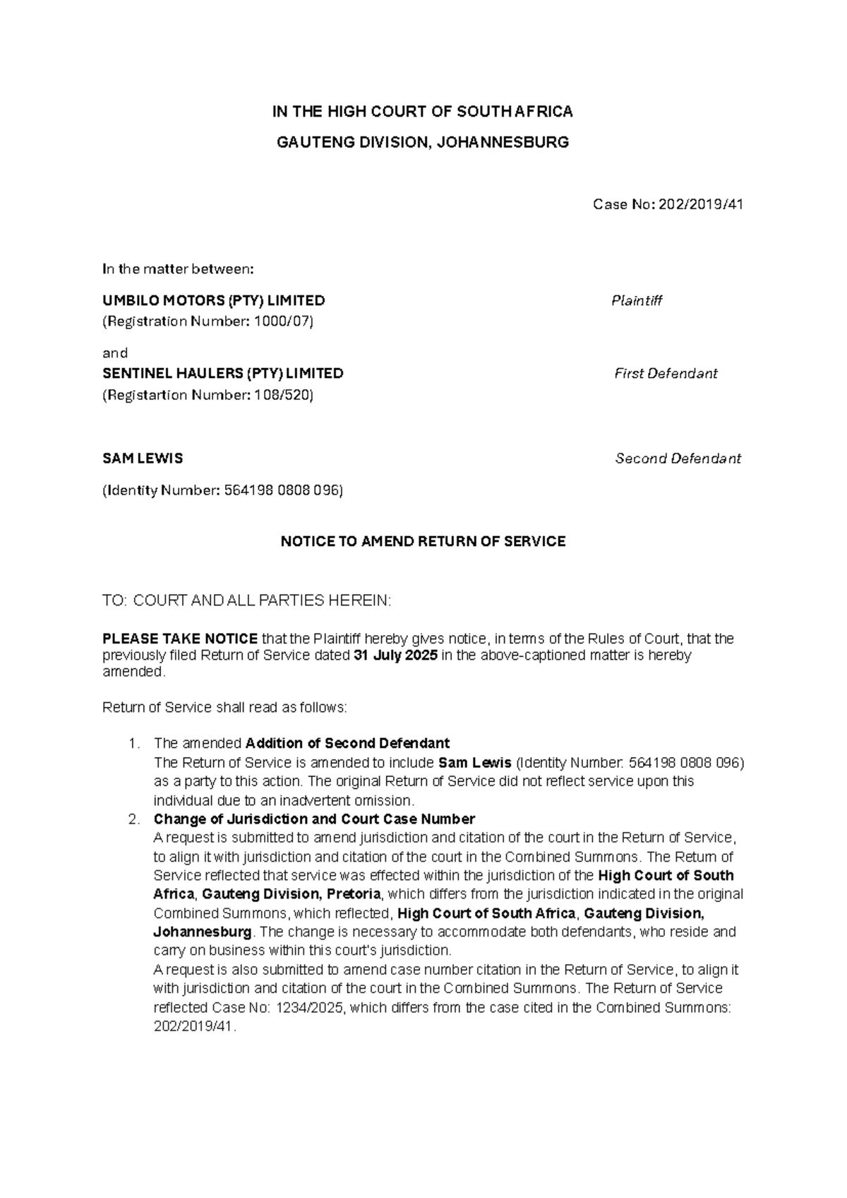 Notice to Amend Return of Service - Case No: High Court Gauteng - Studocu
