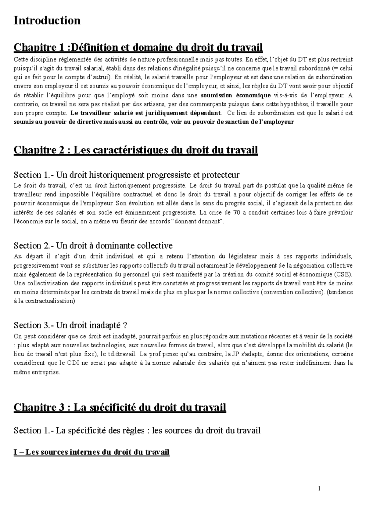 CM droit du travail - Introduction Chapitre 1 :Définition et domaine du ...