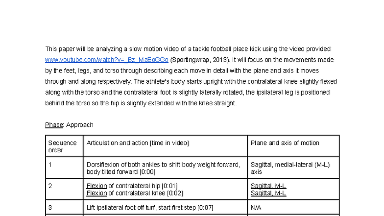 Lab 1 - Analysis of Tackle Football Place Kick Mechanics - Studocu