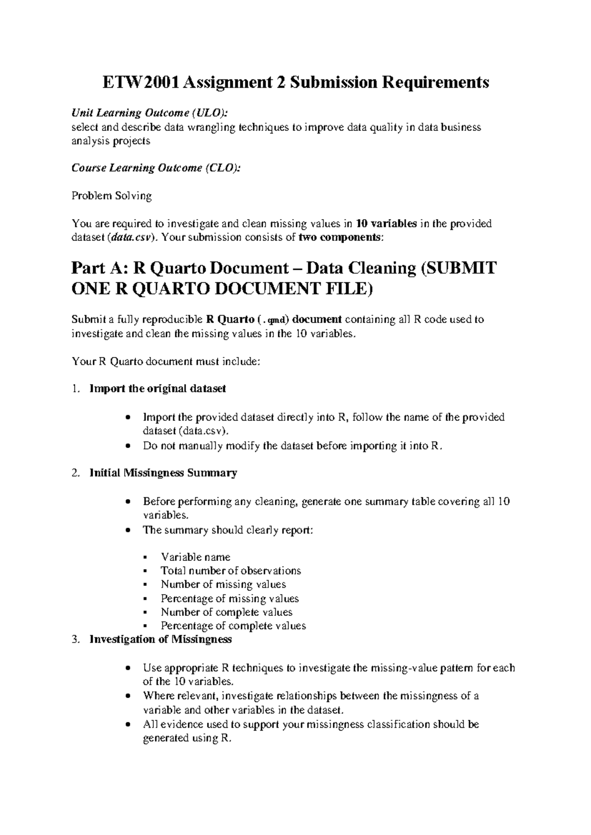 ETW2001 Assignment 2: Data Wrangling Techniques for Missing Values ...