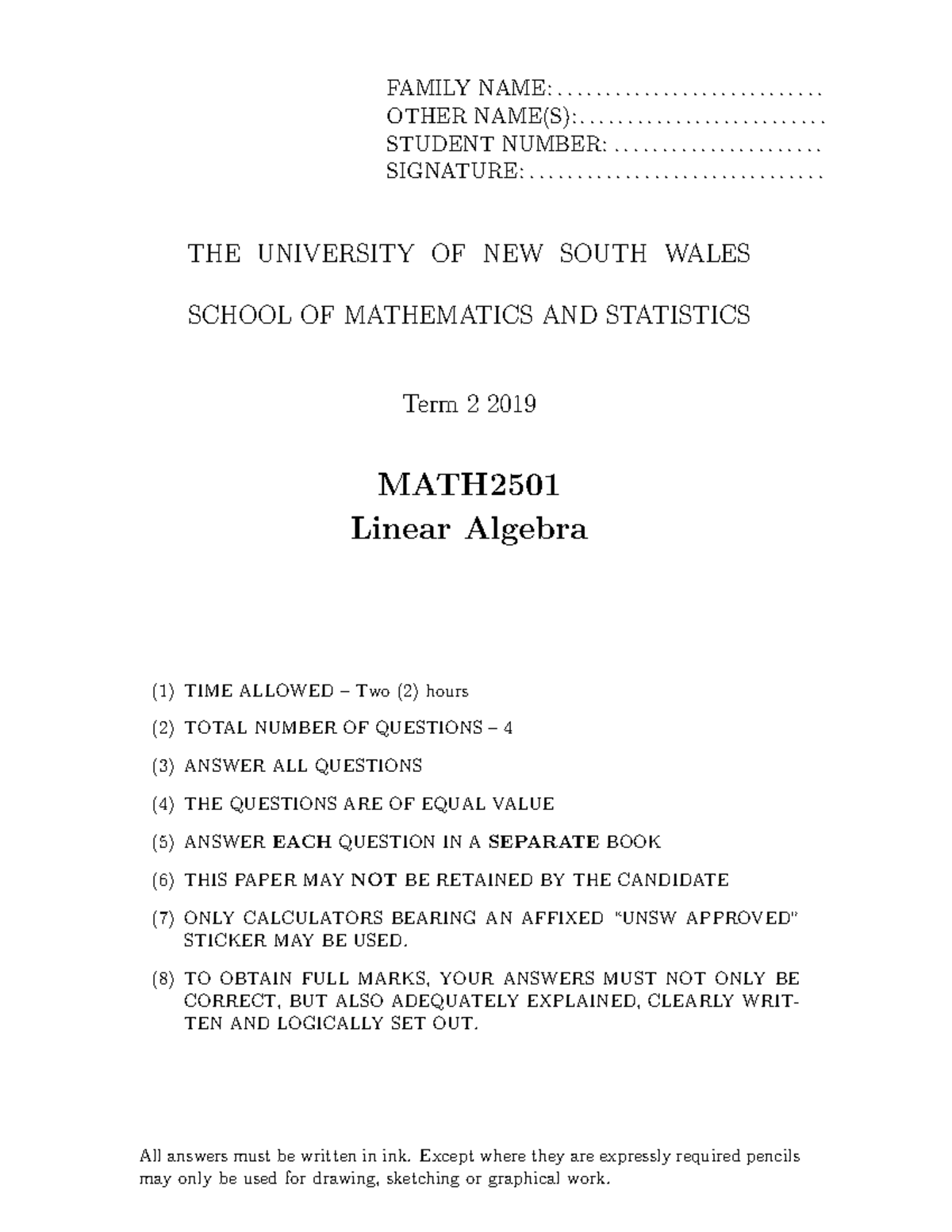 2019 MATH2501 Linear Algebra Final Exam Questions - Studocu