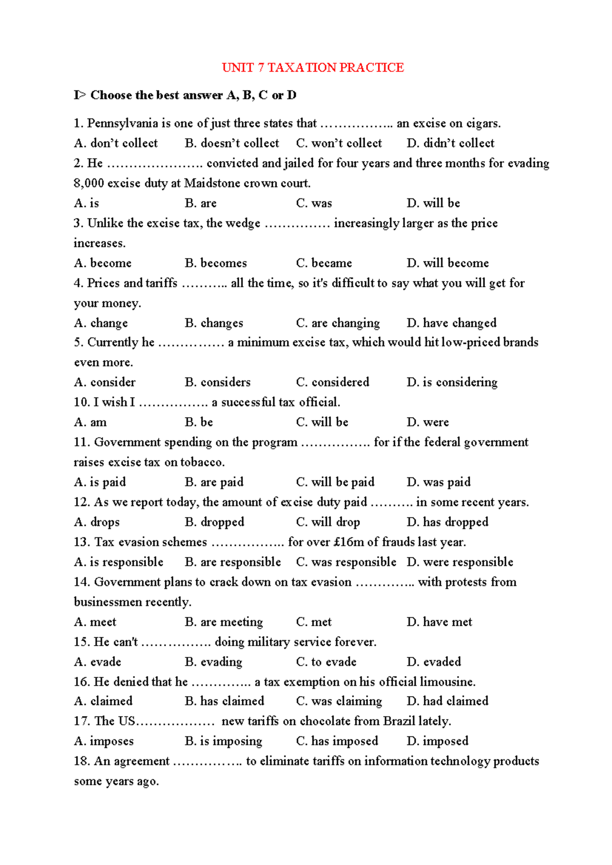 UNIT 7 Taxation Practice - UNIT 7 TAXATION PRACTICE I> Choose the best ...