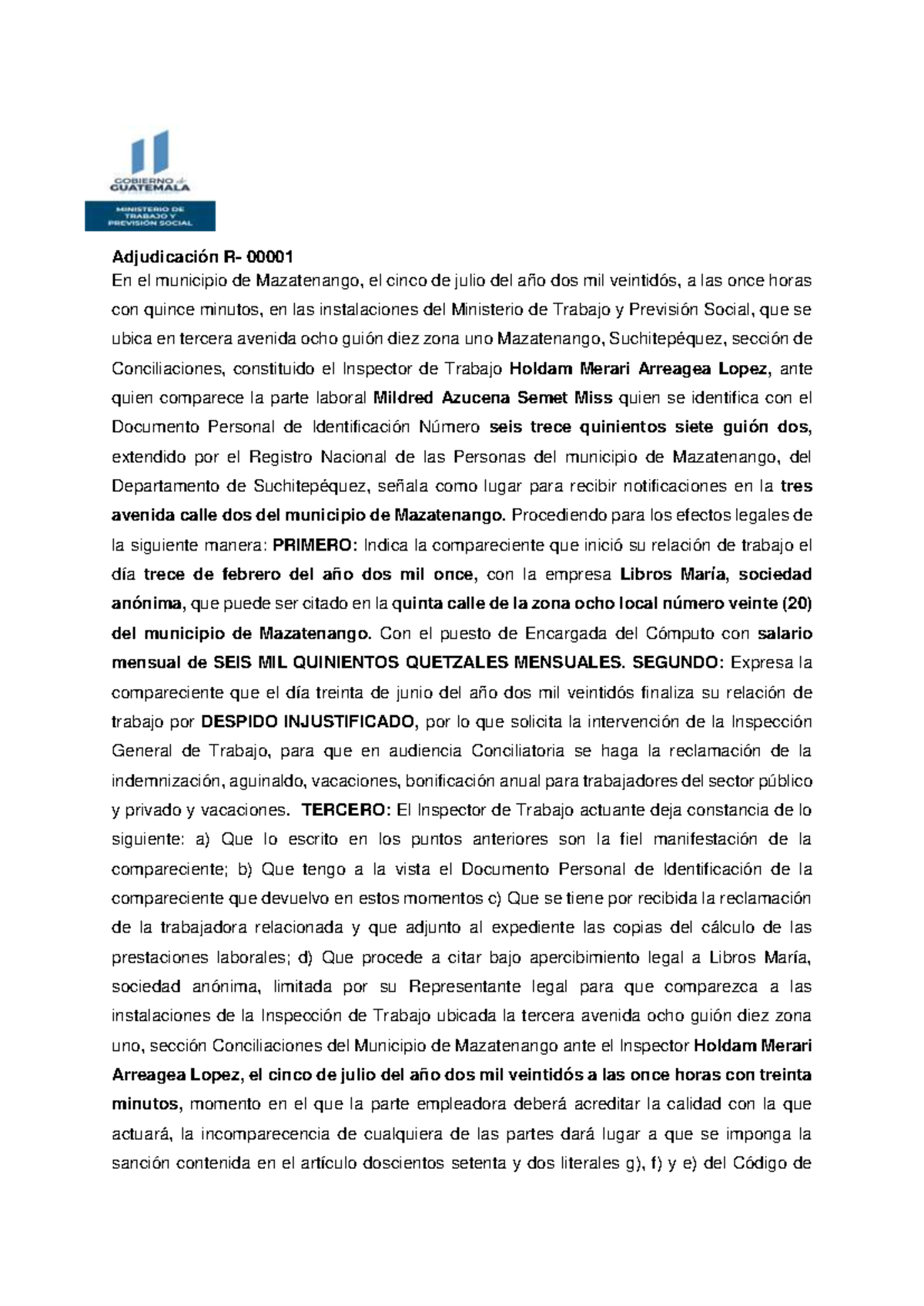 Adjudicación de Reclamación Laboral - Inspección General de Trabajo - Document Preview