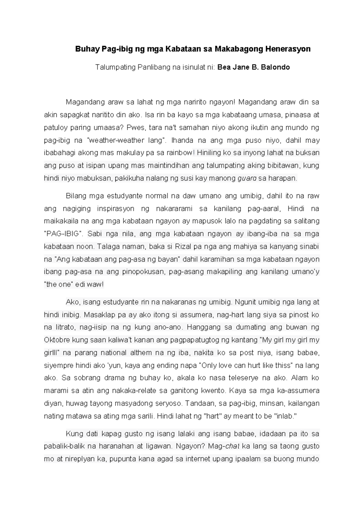 Talumpating Panlibang: Buhay Pag-ibig ng Kabataan sa Makabagong Panahon ...