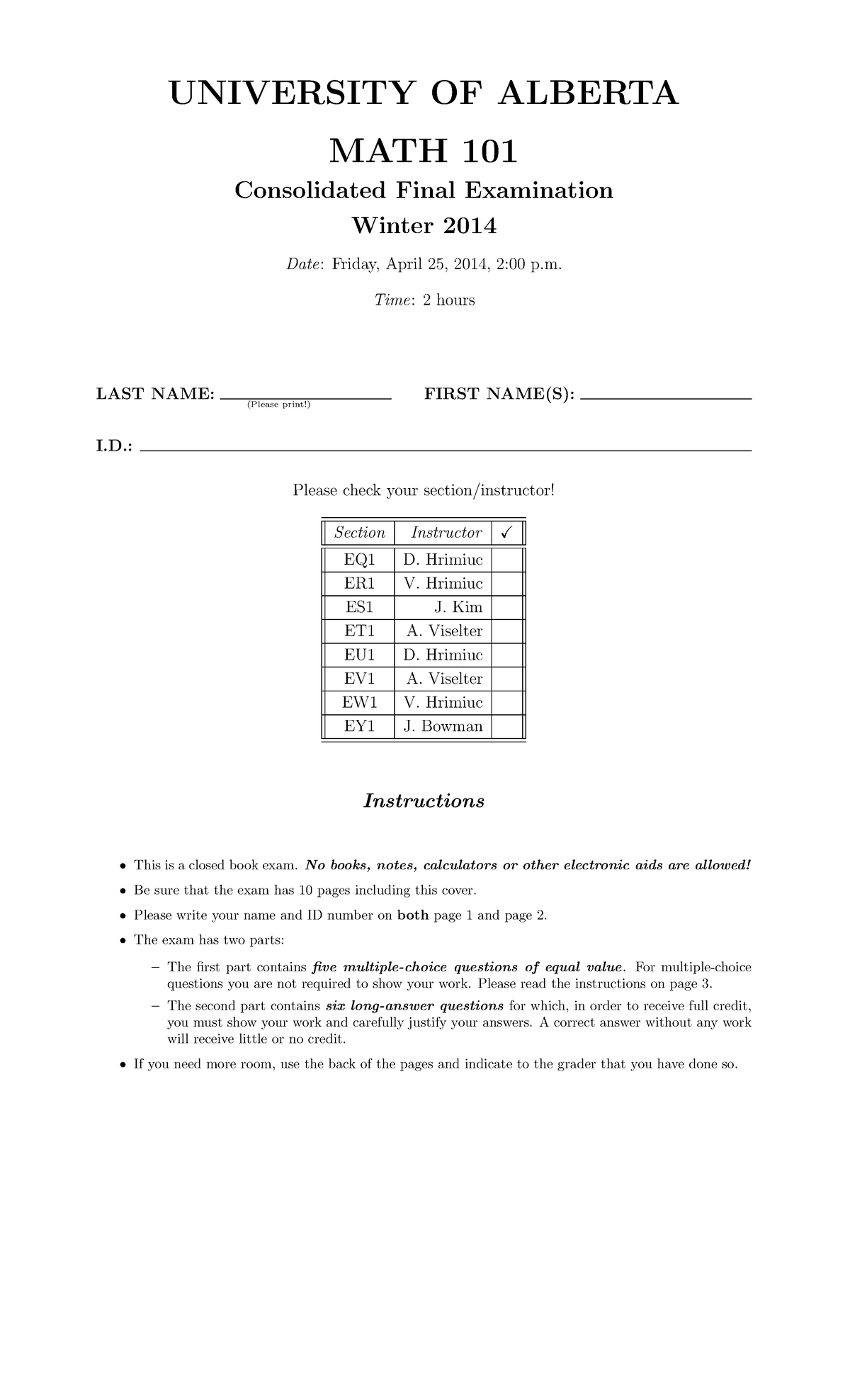 MATH 101 Final Exam Consolidated Winter 2014 Guide - Studocu